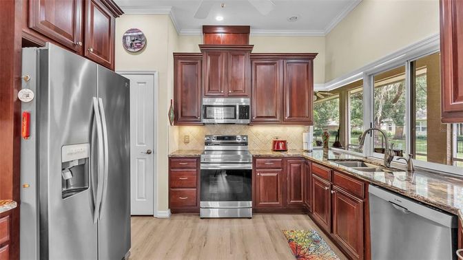 Interior, Kitchen, Recessed Lighting, Stainless Steel Appliances, Wood Texture Flooring