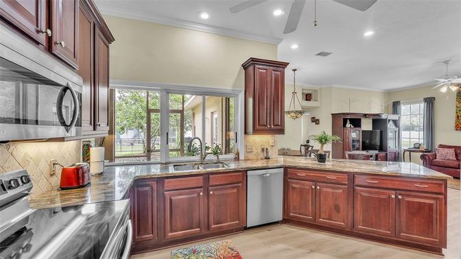 Interior, Kitchen, Pendant Lights, Recessed Lighting, Wood Texture Flooring