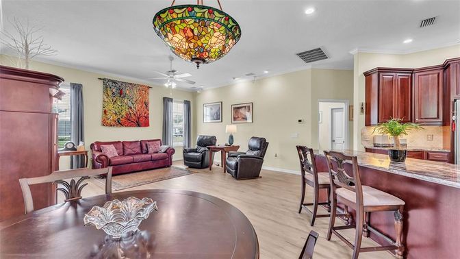 Dining room, Interior, Kitchen, Living room, Recessed Lighting, Wood Texture Flooring