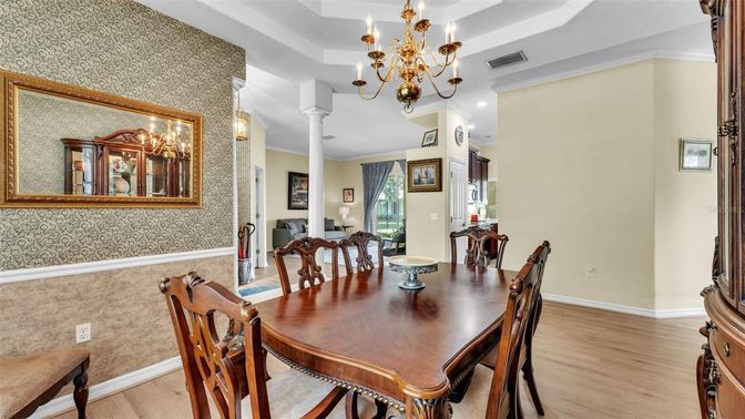 Chandelier, Dining room, Interior, Wood Texture Flooring