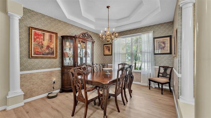 Chandelier, Dining room, Interior, Wood Texture Flooring