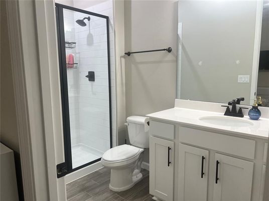 Bathroom, Glass Shower, Interior, Wood Texture Flooring