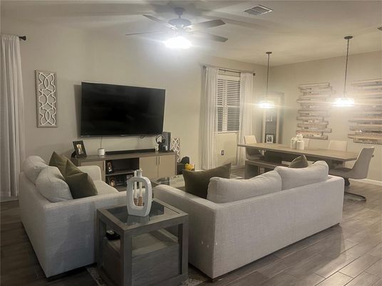Dining room, Interior, Living room, Pendant Lights, Wood Texture Flooring