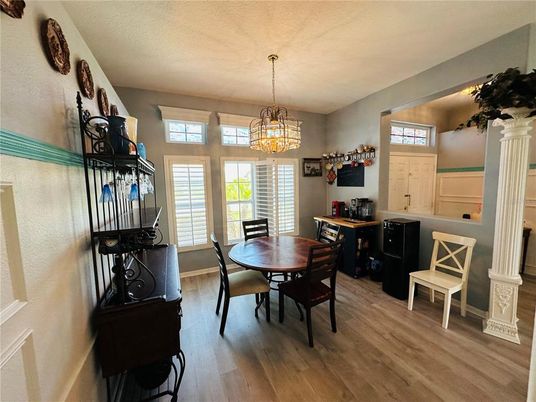 Chandelier, Dining room, Interior, Wood Texture Flooring