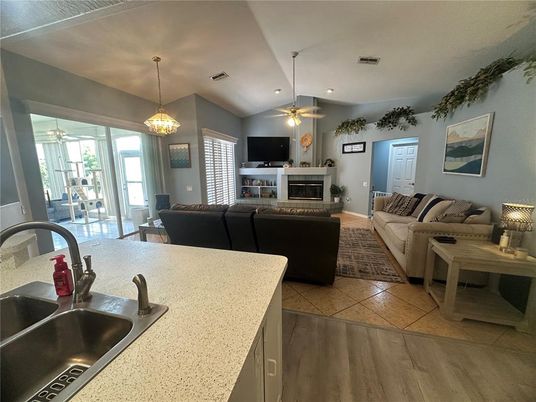 Fireplace, Interior, Living room, Pendant Lights, Recessed Lighting, Wood Texture Flooring