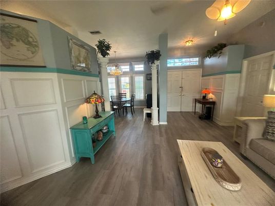 Chandelier, Dining room, Interior, Wood Texture Flooring