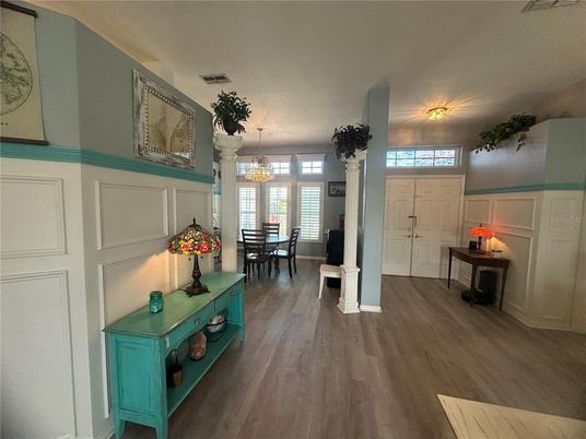 Chandelier, Dining room, Interior, Wood Texture Flooring