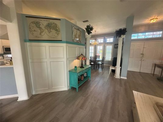 Chandelier, Dining room, Interior, Wood Texture Flooring