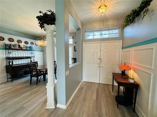 Dining room, Interior, Pendant Lights, Wood Texture Flooring