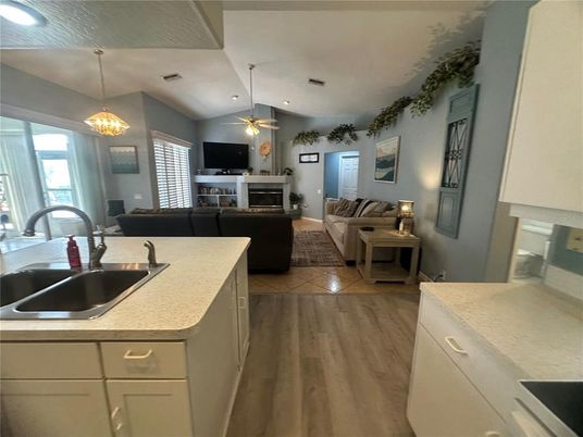 Fireplace, Interior, Kitchen, Living room, Pendant Lights, Recessed Lighting, Wood Texture Flooring