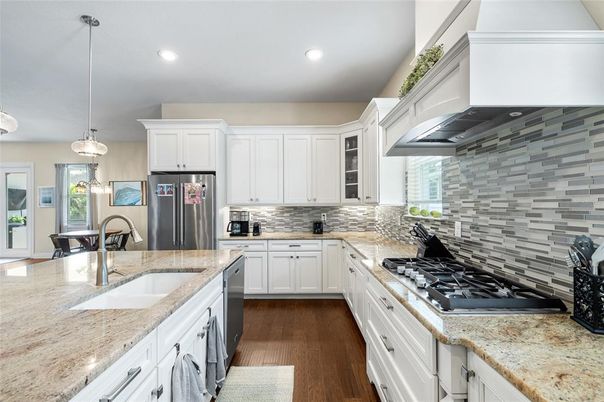 Interior, Kitchen, Pendant Lights, Recessed Lighting, Stainless Steel Appliances, Wood Texture Flooring