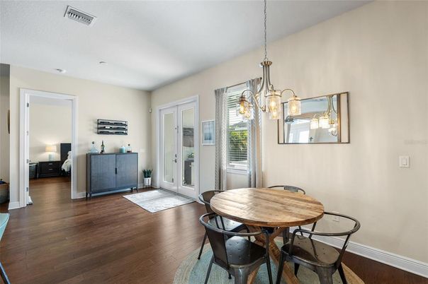 Chandelier, Dining room, Interior, Pendant Lights, Wood Texture Flooring