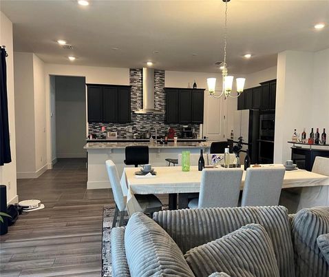 Dining room, Interior, Kitchen, Pendant Lights, Recessed Lighting, Wood Texture Flooring