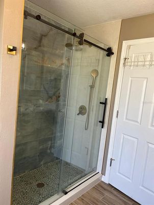 Bathroom, Glass Shower, Interior, Wood Texture Flooring