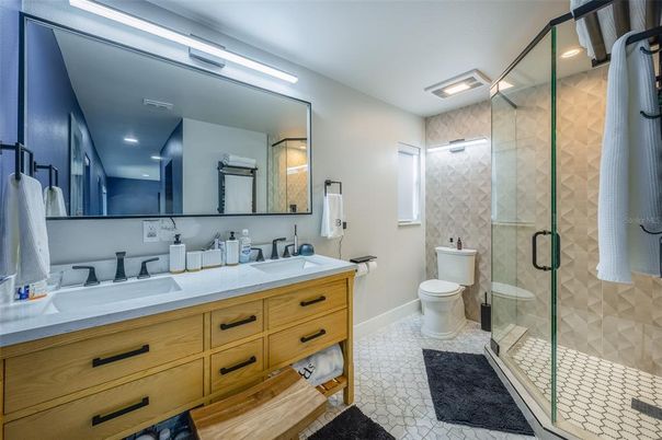 Bathroom, Dual Sink Vanities, Glass Shower, Interior, Recessed Lighting
