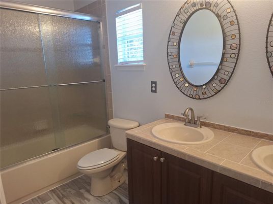 Bathroom, Glass Shower, Interior, Tile Countertops, Wood Texture Flooring