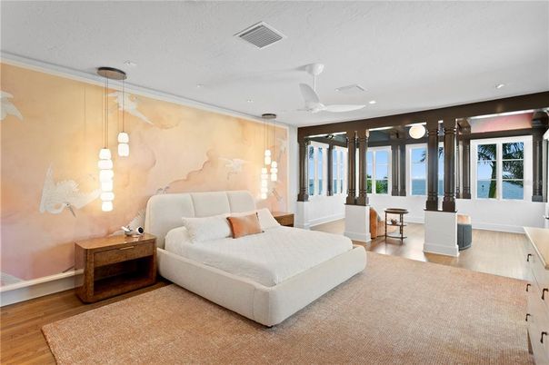 Bedroom, Interior, Pendant Lights, Recessed Lighting, Water, Wood Texture Flooring