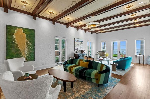 Interior, Living room, Pendant Lights, Water, Wooden Beams, Wood Texture Flooring