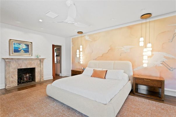 Bedroom, Fireplace, Interior, Pendant Lights, Recessed Lighting, Wood Texture Flooring