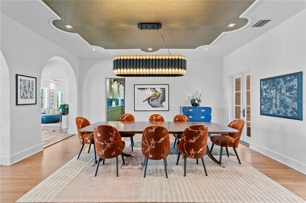 Chandelier, Dining room, Interior, Pendant Lights, Recessed Lighting, Wood Texture Flooring