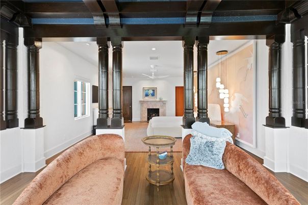 Fireplace, Interior, Living room, Recessed Lighting, Wood Texture Flooring