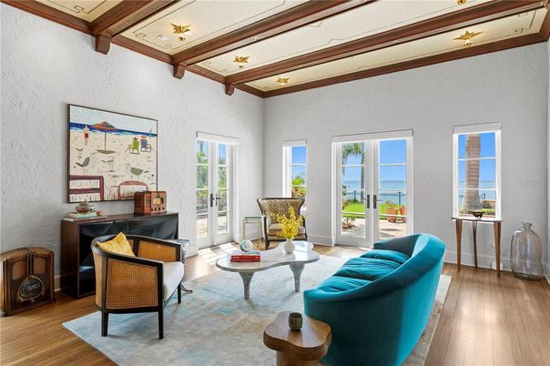 Interior, Living room, Recessed Lighting, Water, Wooden Beams, Wood Texture Flooring