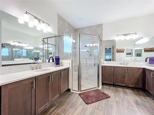 Bathroom, Dual Sink Vanities, Glass Shower, Interior, Wood Texture Flooring