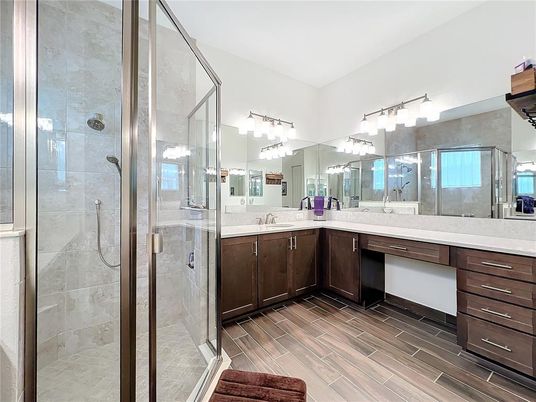 Bathroom, Glass Shower, Interior, Wood Texture Flooring