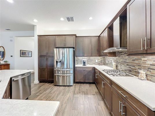 Interior, Kitchen, Recessed Lighting, Stainless Steel Appliances, Wood Texture Flooring