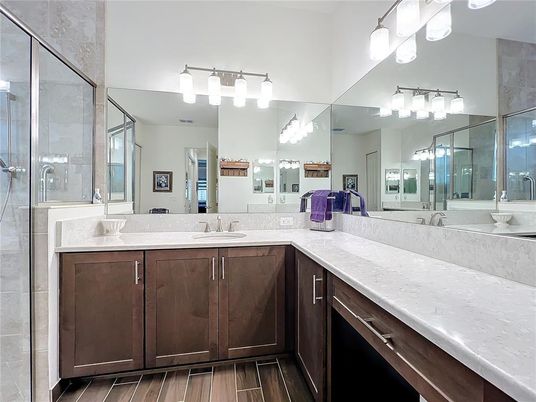 Bathroom, Dual Sink Vanities, Glass Shower, Interior, Wood Texture Flooring