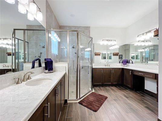 Bathroom, Dual Sink Vanities, Glass Shower, Interior, Wood Texture Flooring