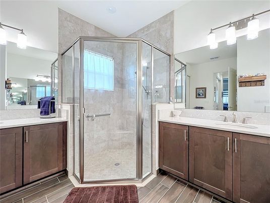Bathroom, Dual Sink Vanities, Glass Shower, Interior, Wood Texture Flooring