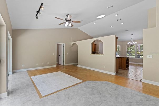 Chandelier, Empty room, Interior, Recessed Lighting, Wood Texture Flooring