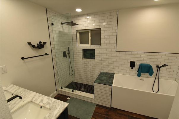Bathroom, Free Standing Baths, Glass Shower, Interior, Recessed Lighting, Wood Texture Flooring