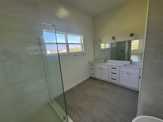 Bathroom, Dual Sink Vanities, Glass Shower, Interior, Wood Texture Flooring