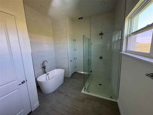 Bathroom, Free Standing Baths, Glass Shower, Interior, Recessed Lighting