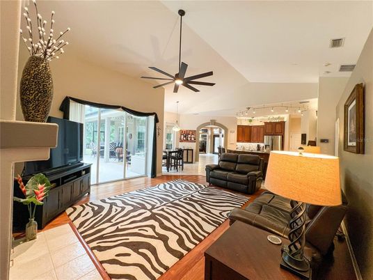 Dining room, Fireplace, Interior, Kitchen, Living room, Pendant Lights, Wood Texture Flooring