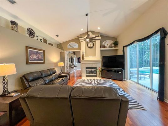Fireplace, Interior, Living room, Recessed Lighting, Wood Texture Flooring