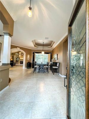 Dining room, Fireplace, Interior, Pendant Lights