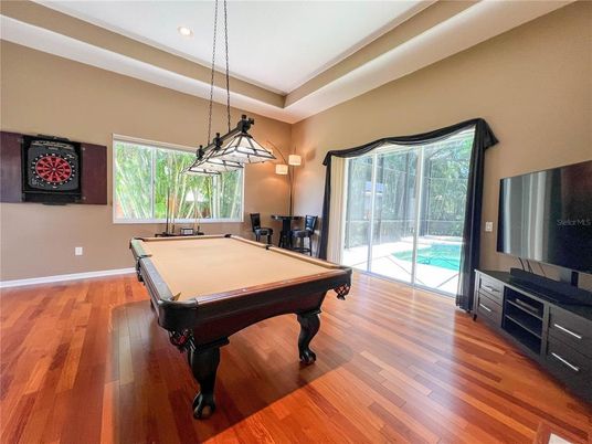 Billiard Table, Game Room, Interior, Pendant Lights, Recessed Lighting, Wood Texture Flooring