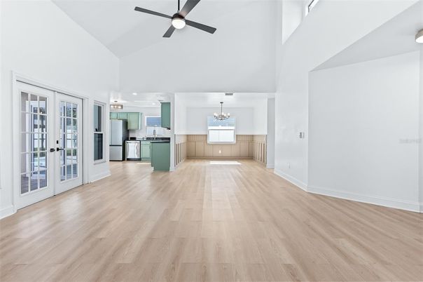 Chandelier, Empty room, Interior, Kitchen, Pendant Lights, Wood Texture Flooring