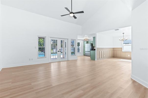 Chandelier, Empty room, Interior, Wood Texture Flooring