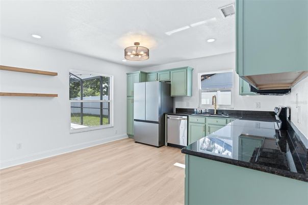 Chandelier, Interior, Kitchen, Recessed Lighting, Wood Texture Flooring