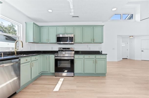 Interior, Kitchen, Recessed Lighting, Stainless Steel Appliances, Wood Texture Flooring