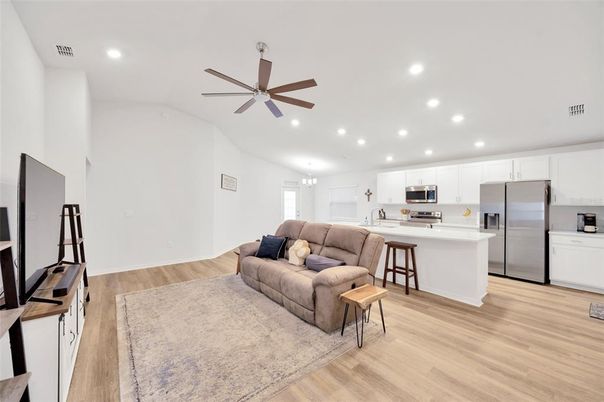 Interior, Kitchen, Living room, Recessed Lighting, Stainless Steel Appliances, Wood Texture Flooring