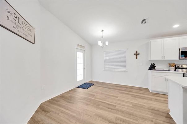 Chandelier, Interior, Kitchen, Recessed Lighting, Wood Texture Flooring