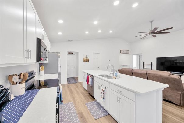 Interior, Kitchen, Living room, Recessed Lighting, Wood Texture Flooring