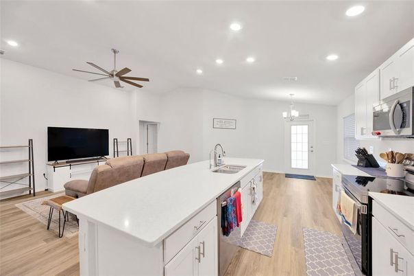 Chandelier, Interior, Kitchen, Living room, Recessed Lighting, Wood Texture Flooring