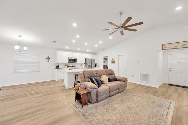 Interior, Kitchen, Living room, Pendant Lights, Recessed Lighting, Stainless Steel Appliances, Wood Texture Flooring