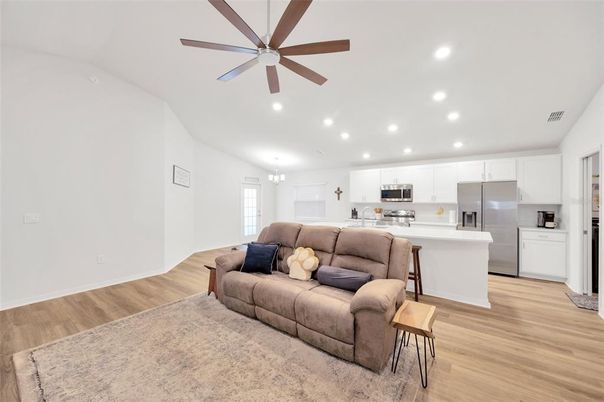 Interior, Kitchen, Living room, Recessed Lighting, Stainless Steel Appliances, Wood Texture Flooring